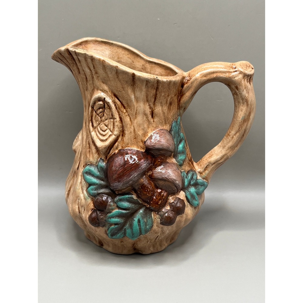 Tree Trunk Ceramic Pitcher Mushroom Acorn Bark Woodland Brown 5" 1970s Vtg 13oz